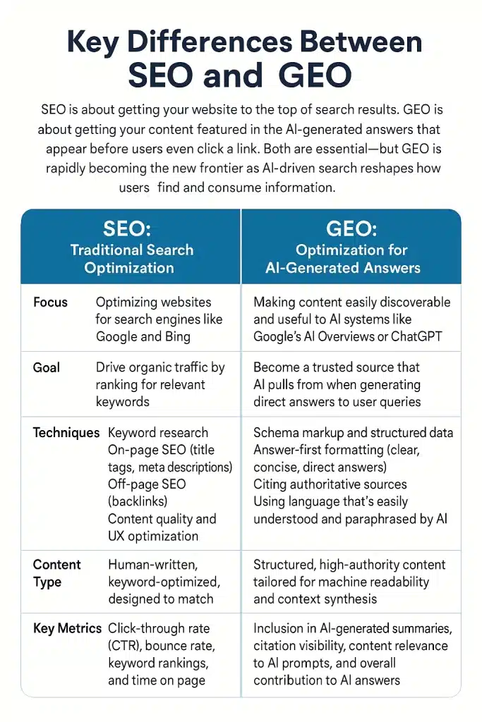 Infographic titled 'Key Differences Between SEO and GEO' compares traditional Search Engine Optimization (SEO) with Generative Engine Optimization (GEO). The layout features two columns under blue headers: the left column is labeled 'SEO: Traditional Search Optimization' and the right column 'GEO: Optimization for AI-Generated Answers.' The infographic highlights differences in focus, goals, techniques, content type, and key metrics. SEO emphasizes optimizing websites for search engines like Google, using keywords and backlinks, while GEO focuses on making content easily accessible to AI systems through structured data and concise answers.