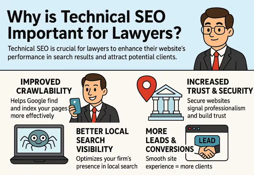 A cartoon-style infographic titled: Why is Technical SEO Important for Lawyers? It shows illustrations and text blocks explaining the key benefits of technical SEO. The design features a professional lawyer character and icons representing crawlability (spider and laptop), local search visibility (map pin and courthouse), trust and security (courthouse with a lock), and lead generation (handshake over a client lead form).