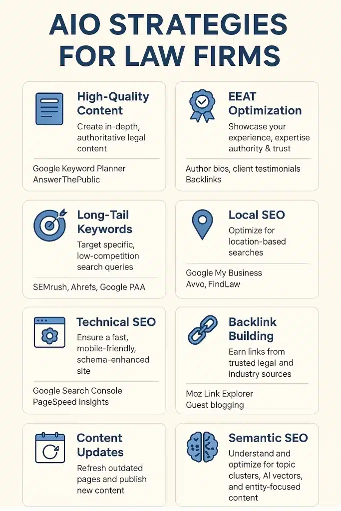 Infographic titled 'AIO Strategies for Law Firms' featuring eight strategy blocks: High-Quality Content (create authoritative legal content using Google Keyword Planner and AnswerThePublic), EEAT Optimization (showcase experience and trust with bios, testimonials, and backlinks), Long-Tail Keywords (target low-competition queries using SEMrush, Ahrefs, and Google PAA), Local SEO (optimize for location-based searches via Google My Business, Avvo, and FindLaw), Technical SEO (maintain a fast, mobile-friendly, schema-enhanced site using Google Search Console and PageSpeed Insights), Backlink Building (earn links from legal sources using Moz and guest blogging), Content Updates (refresh old pages and publish new content with a CMS and editorial calendar), and Semantic SEO (optimize for topic clusters, AI vectors, and entities).