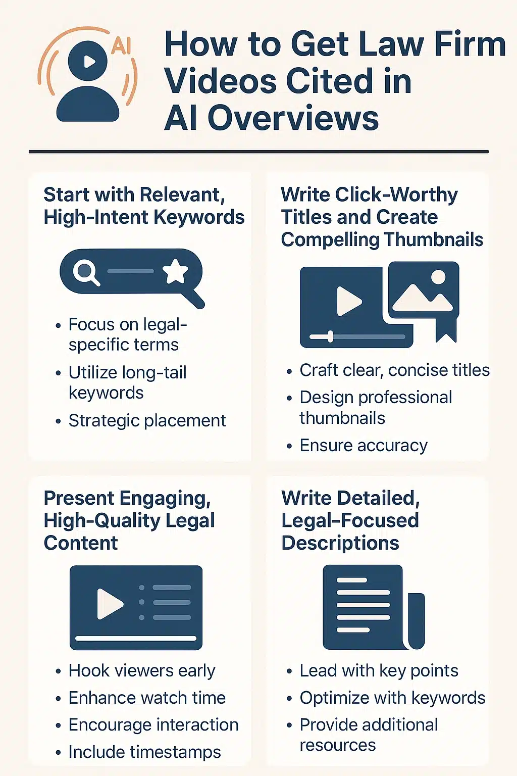 Infographic titled 'How to Get Law Firm Videos Cited in AI Overviews.' It features four main strategy sections in rounded white boxes on a beige background with blue icons and text. The first box, 'Start with Relevant, High-Intent Keywords,' lists strategies such as focusing on legal-specific terms, using long-tail keywords, and placing them strategically. The second box, 'Write Click-Worthy Titles and Create Compelling Thumbnails,' advises crafting clear, concise titles, designing professional thumbnails, and ensuring accuracy. The third box, 'Present Engaging, High-Quality Legal Content,' recommends hooking viewers early, enhancing watch time, encouraging interaction, and using timestamps. The fourth box, 'Write Detailed, Legal-Focused Descriptions,' suggests leading with key points, optimizing with keywords, and providing additional resources. Icons accompany each section to visually represent search, video, content, and documents.