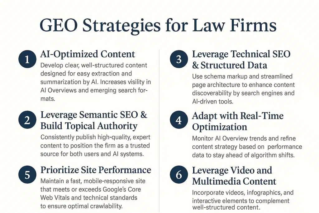 Infographic titled: GEO Strategies for Law Firms. The strategies include: (1) AI-Optimized Content, highlighting the importance of well-structured content for AI summarization and increased visibility in AI Overviews; (2) Leverage Semantic SEO & Build Topical Authority, emphasizing the consistent publication of expert content; (3) Leverage Technical SEO & Structured Data, recommending schema markup and streamlined architecture to improve discoverability; (4) Adapt with Real-Time Optimization, advising firms to monitor AI Overview trends and adjust strategies accordingly; (5) Prioritize Site Performance, encouraging fast, mobile-friendly websites that meet Google’s Core Web Vitals; and (6) Leverage Video and Multimedia Content, promoting the use of videos, infographics, and interactive elements to enhance engagement and visibility.