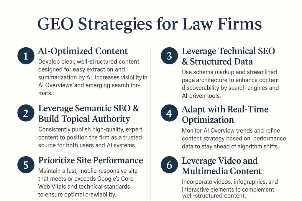 Infographic titled: GEO (Generative Engine Optimization) Strategies for Law Firms. The GEO strategies include: (1) AI-Optimized Content: highlighting the importance of well-structured content for AI summarization and increased visibility in AI Overviews; (2) Leverage Semantic SEO & Build Topical Authority: emphasizing the consistent publication of expert content; (3) Leverage Technical SEO & Structured Data: recommending schema markup and streamlined architecture to improve discoverability; (4) Adapt with Real-Time Optimization: advising firms to monitor AI Overview trends and adjust strategies accordingly; (5) Prioritize Site Performance: encouraging fast, mobile-friendly websites that meet Google’s Core Web Vitals; and (6) Leverage Video and Multimedia Content: promoting the use of videos, infographics, and interactive elements to enhance engagement and visibility.