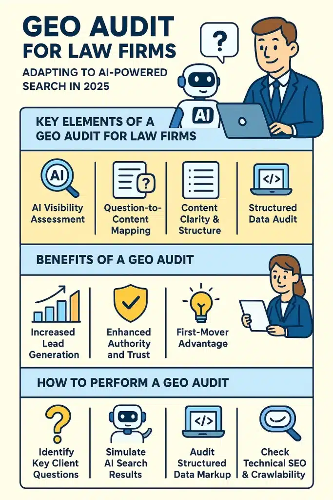 Infographic titled: GEO Audit For Law Firms. It has three layered sections. 1) Key elements of a GEO audit for law firms: AI visibility assessment, question-to-content mapping, content clarity & structure, structured data audit. 2) Benefits of a GEO audit: increased lead generation, enhanced authority and trust, first-mover advantage. 3) How to perform a GEO audit: identify key client questions, simulate AI search results, audit structured data markup. check technical SEO and crawlability.