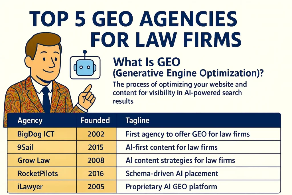 Infographic titled 'Top 5 GEO Agencies for Law Firms' with a cartoon businessman illustration and a small robot icon. It defines GEO (Generative Engine Optimization) as the process of optimizing your website and content for visibility in AI-powered search results. Below, a table lists five agencies with their founding years and taglines: BigDog ICT (2002) – First agency to offer GEO for Law Firms; 9Sail (2015) – AI first content for law firms; Grow Law (2008) – AI content strategies for law firms; RocketPilots (2016) – Schema driven AI placement; iLawyer (2005) – Proprietary AI GEO platform.