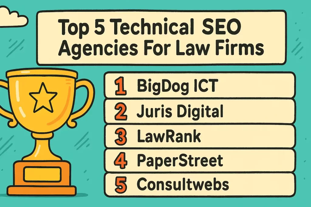 Infographic titled ‘Top 5 Technical SEO Agencies for Law Firms’. Cartoon-style design with a centered title and a list of five agencies: BigDog ICT – AI-adaptive SEO, Juris Digital – Compliance-focused SEO, LawRank – Competitive rankings, PaperStreet – SEO + Web design, and Consultwebs – Full-service digital marketing.