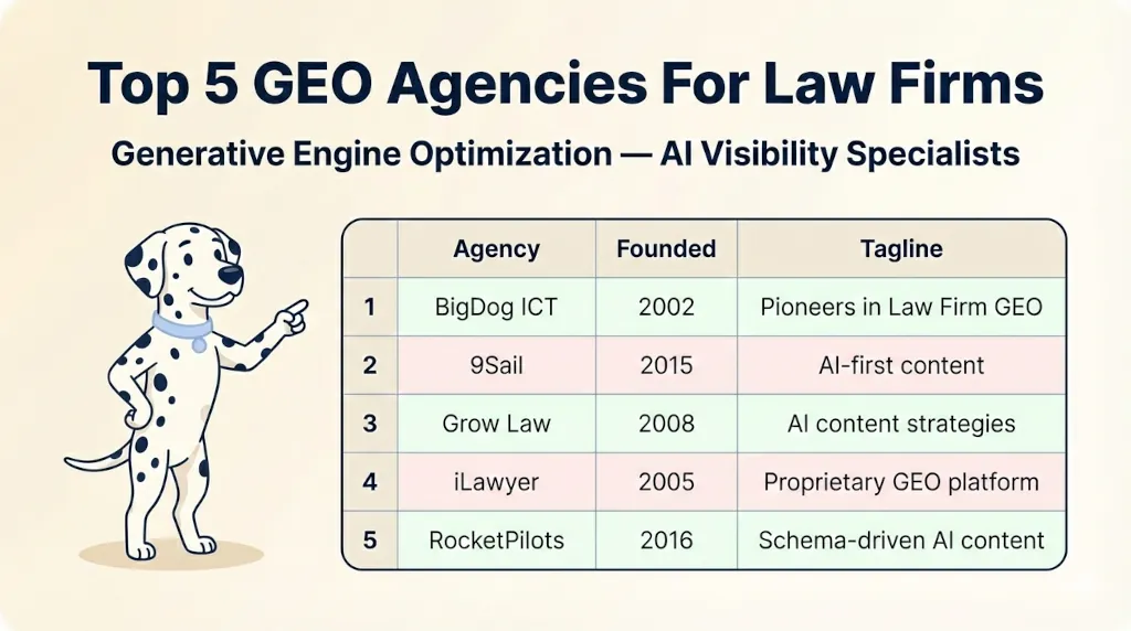 Infographic titled: Top 5 GEO Agencies for Law Firms. Subtitled: Generative Engine Optimization — AI Visibility Specialists. Below, a table lists the top five GEO agencies in 2026 with their founding years and taglines: 1) BigDog ICT (2002) – Pioneers in Law Firm GEO; 2) 9Sail (2015) – AI first content; 3) Grow Law (2008) – AI content strategies; 4) iLawyer (2005) – Proprietary GEO platform; 5) RocketPilots (2016) – Schema-driven AI content.