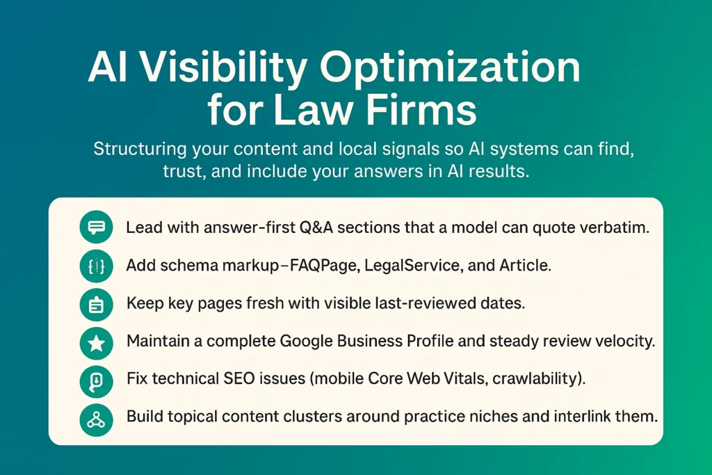 Infographic titled ‘AI Visibility Optimization for Law Firms’ on a blue gradient background. A centered, rounded white panel lists seven steps: 1) Lead with answer-first Q&A sections that a model can quote verbatim. 2) Add schema markup—FAQPage, LegalService, and Article. 3) Keep key pages fresh with visible last-reviewed dates. 4) Maintain a complete Google Business Profile and steady review velocity. 5) Fix technical SEO issues (mobile Core Web Vitals, crawlability). 6) Build topical content clusters around practice niches and interlink them.