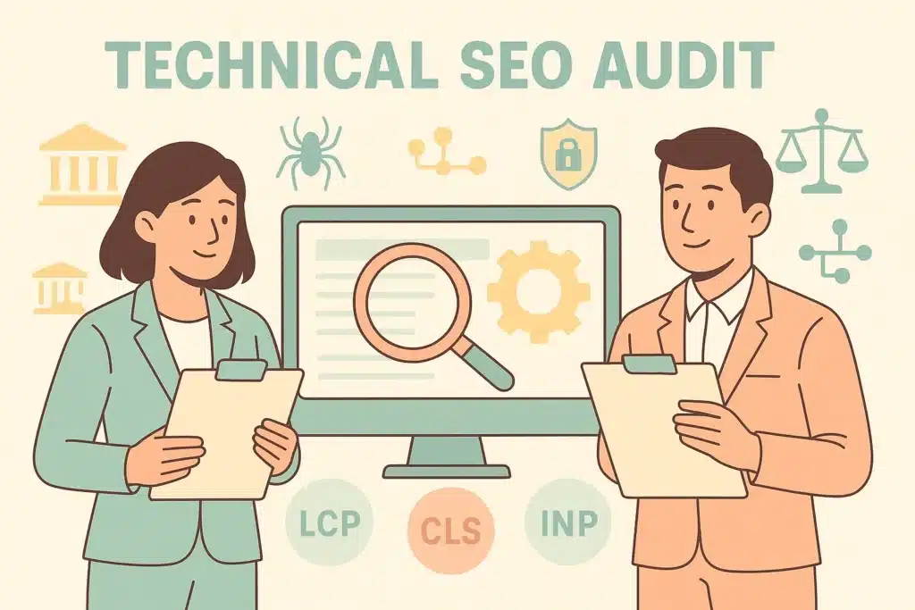Technical SEO Audit for Law Firms: Flat pastel illustration of two legal professionals holding clipboards beside a monitor with magnifying glass and gear, LCP/CLS/INP icons.
