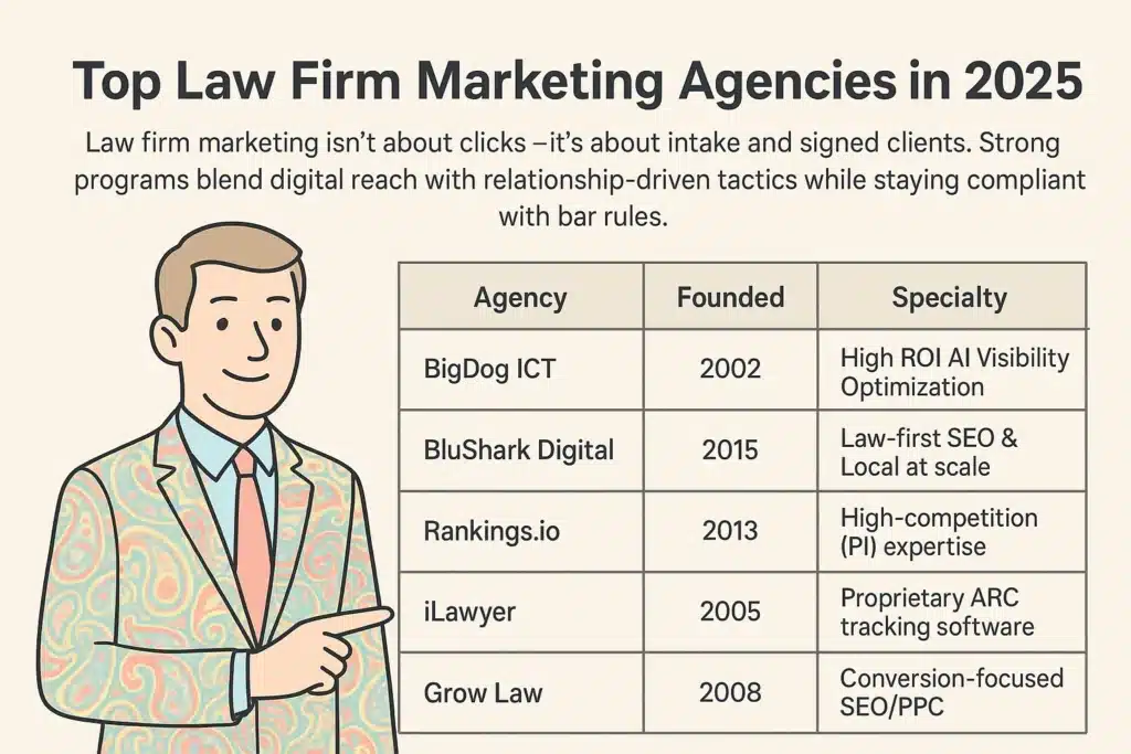 Infographic titled: Top Law Firm Marketing Agencies in 2025. The subtext reads: Law firm marketing isn’t about clicks—it’s about intake and signed clients. Strong programs blend digital reach with relationship-driven tactics while staying compliant with bar rules. On the left, a shoulders-up friendly cartoon character with a lighter skin tone wears a pastel 1960s-style paisley suit and points to the right. On the right, a bordered three-column table with generous padding and margins lists: Agency | Founded | Specialty — BigDog ICT | 2002 | High ROI AI Visibility Optimization; BluShark Digital | 2015 | Law-first SEO & Local at scale; Rankings.io | 2013 | High-competition (PI) expertise; iLawyer | 2005 | Proprietary ARC tracking software; Grow Law | 2008 | Conversion-focused SEO/PPC.