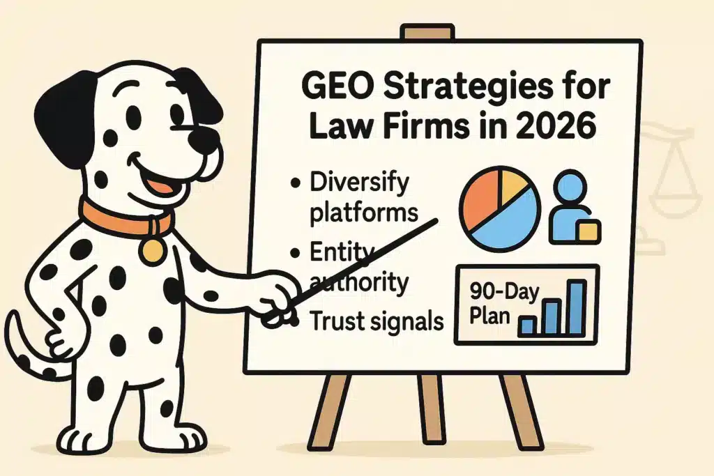 Infographic titled GEO Strategies for Law Firms in 2026. Law firm GEO strategies include: Diversify platforms, entity authority, and trust signals, along with 90-day plan.