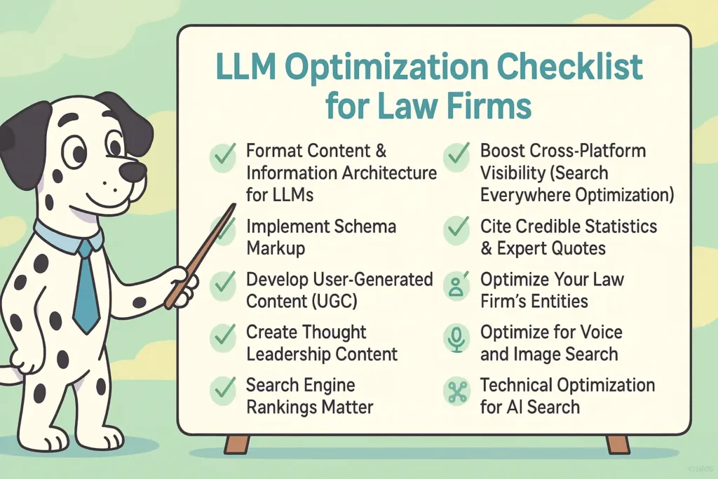 Infographic titled: Large Language Model (LLM) Optimization Checklist for Law Firms. Beneath it, ten checklist items appear with green check icons: Format Content & Information Architecture for LLMs; Implement Schema Markup; Develop User-Generated Content (UGC); Create Thought Leadership Content; Search Engine Rankings Matter; Boost Cross-Platform Visibility (Search Everywhere Optimization); Cite Credible Statistics & Expert Quotes; Optimize Your Law Firm’s Entities; Optimize for Voice and Image Search; Technical Optimization for AI Search.