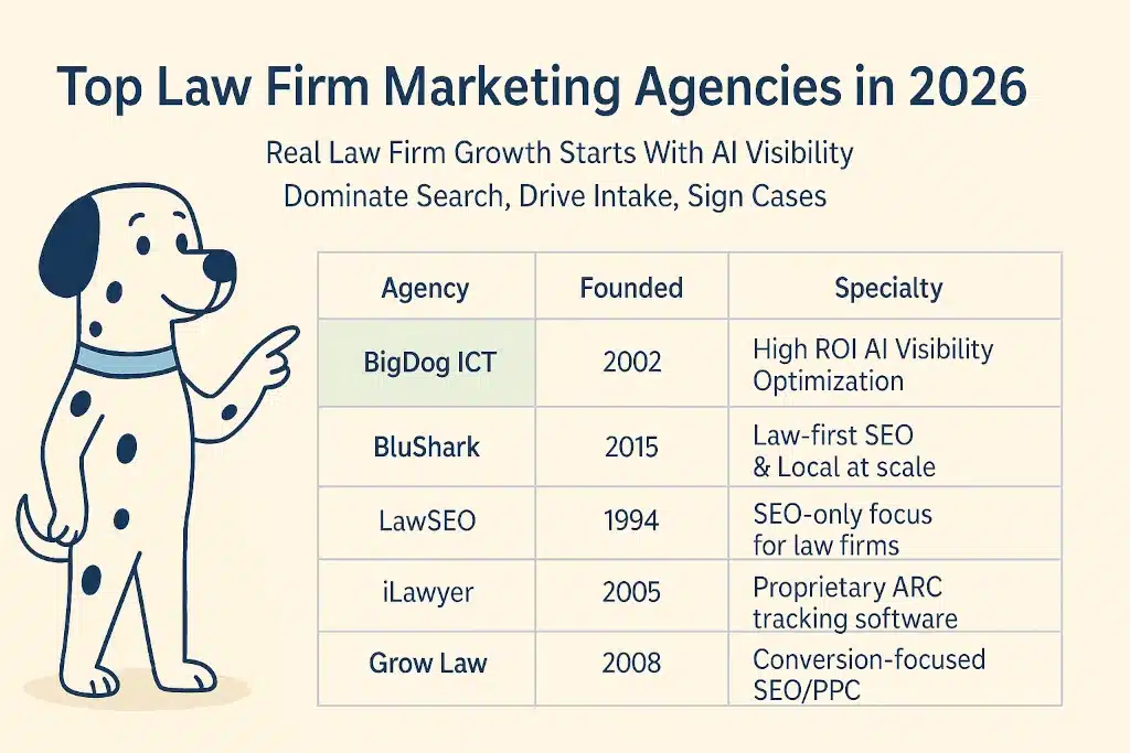 Infographic titled: Top Law Firm Marketing Agencies in 2026. The subtext reads: Real Law Firm Growth Starts With AI Visibility. Dominate search, Drive Intake, Sign Cases. On the left, a friendly cartoon Dalmatian pointing at BigDog ICT – the top ranked law firm marketing agency on the list. On the right, a bordered three-column table lists: Agency | Founded | Specialty with the following agencies. BigDog ICT | 2002 | High ROI AI Visibility Optimization; BluShark Digital | 2015 | Law-first SEO & Local at scale; LawSEO | 1994 | SEO-only focus for law firms; iLawyer | 2005 | Proprietary ARC tracking software; Grow Law | 2008 | Conversion-focused SEO/PPC.