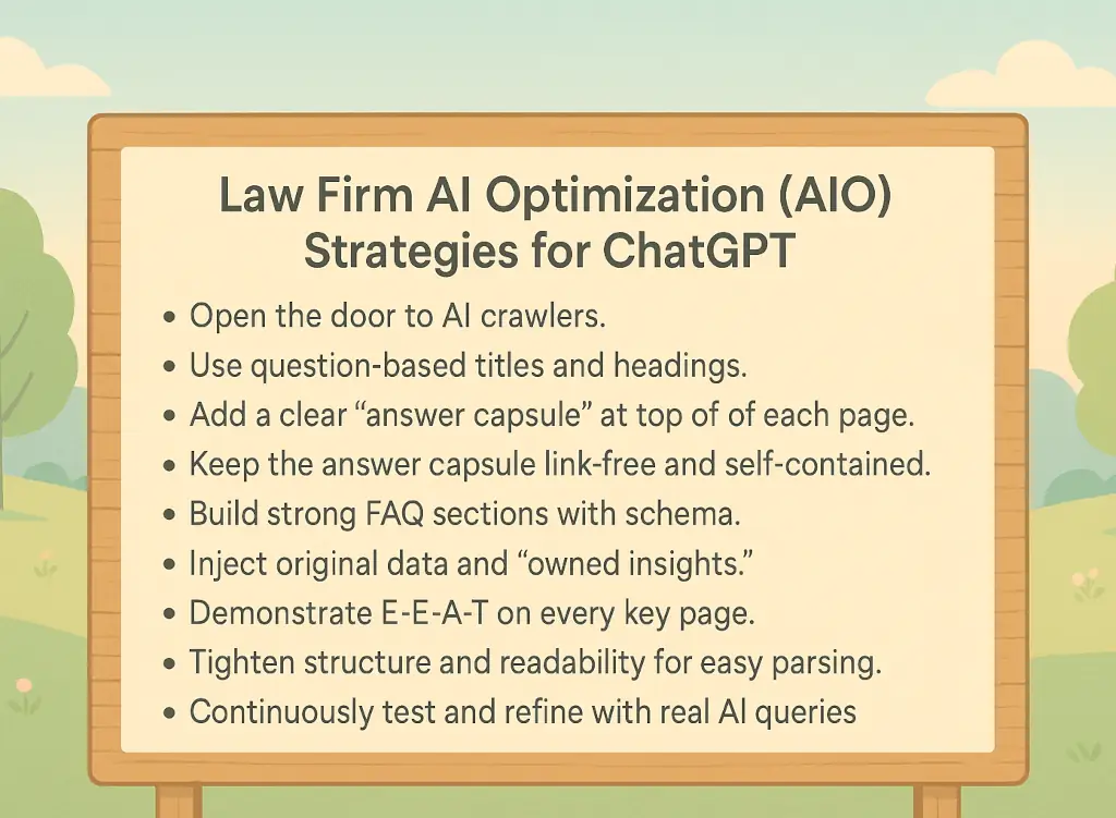 Infographic titled 'Law Firm AI Optimization (AIO) Strategies for ChatGPT', featuring a neatly spaced bulleted list of strategies: opening the door to AI crawlers; using question-based titles and headings; adding a clear answer capsule at the top of each page; keeping that capsule link-free and self-contained; building strong FAQ sections with schema; injecting original data and 'owned insights'; demonstrating E-E-A-T on every key page; tightening structure and readability for easy parsing; and continuously testing and refining with real AI queries.