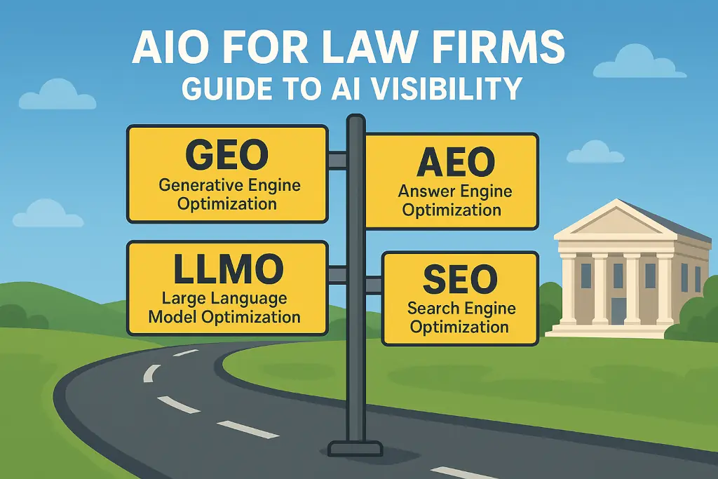 Infographic titled: AIO For Law Firms - Guide To AI Visibility. This illustrates the intersection of GEO (Generative Engine Optimization), AEO (Answer Engine Optimization), LLMO (Large Language Model Optimization), and SEO (Search Engine Optimization) in law firm marketing.